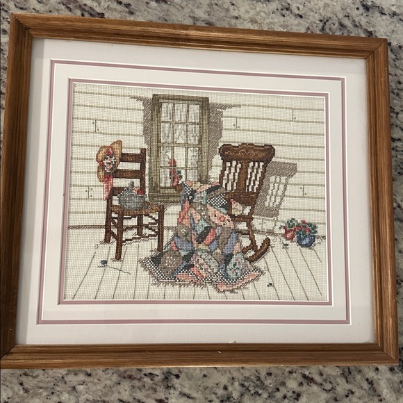 Vintage Cross Stitch Framed Embroidery Handmade Boho Mid Century Wood Frame - Picture 1 of 2
